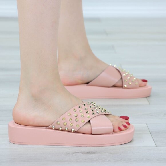 Pink Flat Sliders Sandals Slip On Faux Leather Gold Metal Stud Cross Over - Picture 3 of 14